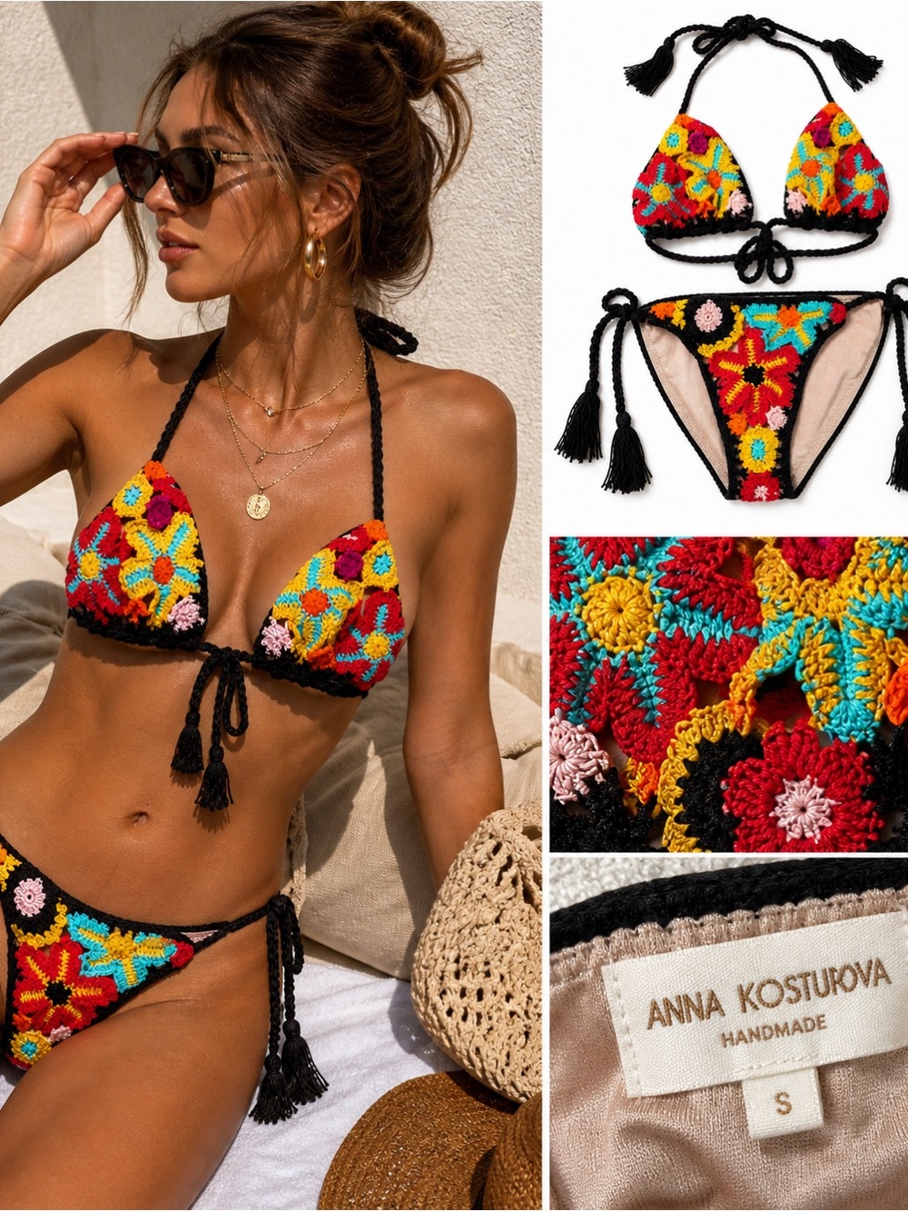 Anna Kosturova Crochet Bikini Set Floral Tie Side Boho Resort Swim Handmade - Picture 9 of 11